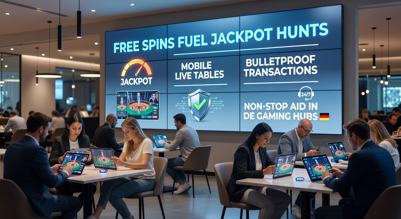 Spieler jagen Jackpots mit Free Spins an mobilen Live-Tischen in einem deutschen Gaming-Hub, umgeben von sicheren Transaktionssymbole und Support-Icons