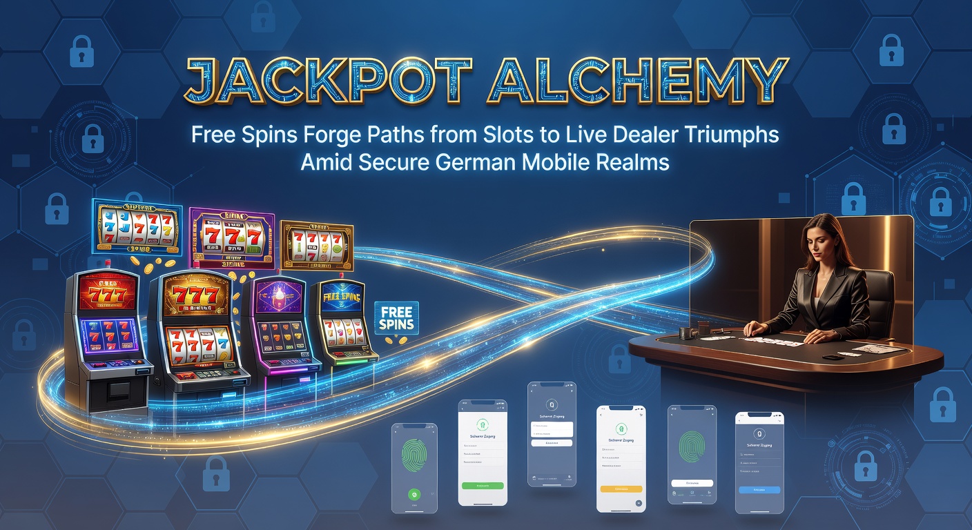 Ein dynamisches Bild von rotierenden Slot-Rädern, die in goldene Jackpots übergehen, umgeben von sicheren Mobile-Apps mit deutschen Sicherheitsikonen