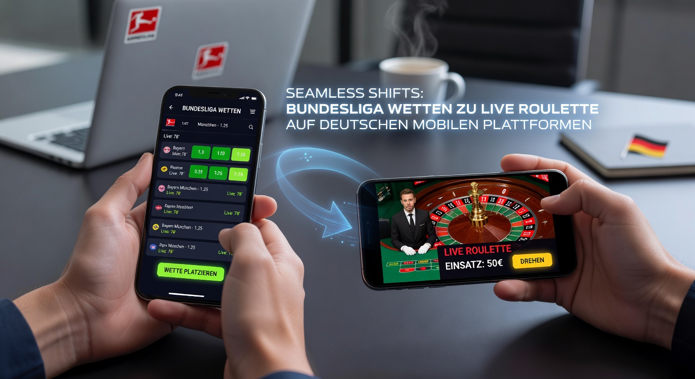 Smartphone mit Bundesliga-Wett-App und Live-Roulette-Tisch im Hintergrund, symbolisiert nahtlose Wechsel auf mobilen Plattformen