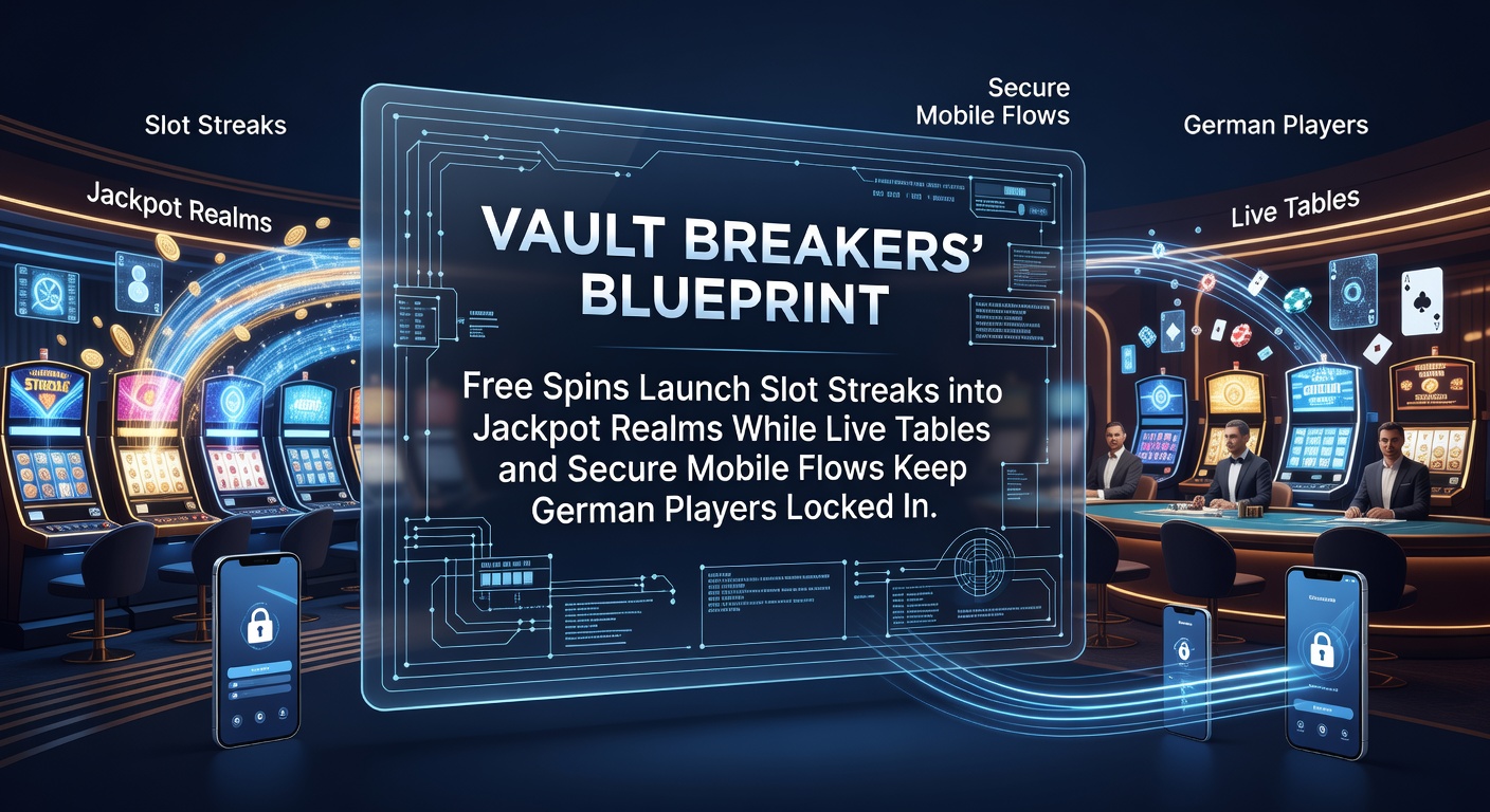 Grafik zeigt Vault Breakers Blueprint mit Free Spins, die Slots in Jackpots verwandeln, umgeben von Live-Tischen und mobilen Sicherheitsikonen für deutsche Spieler